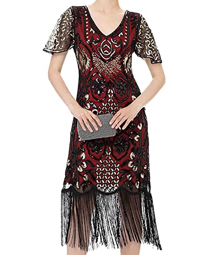 HAHAEMMA 1920s Vintage Kleid Damen Flapper Charleston Kleid Gatsby Pailletten Quasten Saum Cocktail Flapper Abschlussballkleid Abendkleid Cocktail Party Kostüm Kleid（RE1,L） von HAHAEMMA