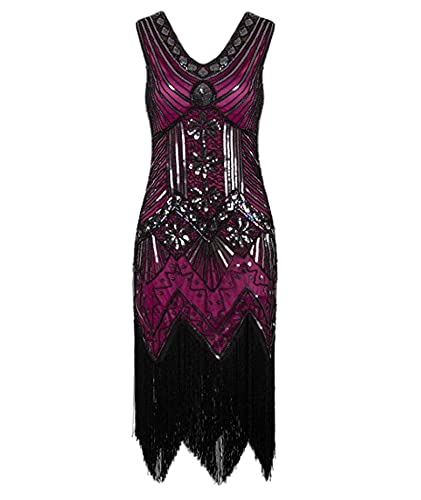 HAHAEMMA Damen 1920s Vintage Flapper Charleston Kleid Gatsby Pailletten Quasten Saum Cocktail Flapper Abschlussballkleid Abendkleid Cocktail Party Kostüm Kleid Violet Geblümt XL von HAHAEMMA