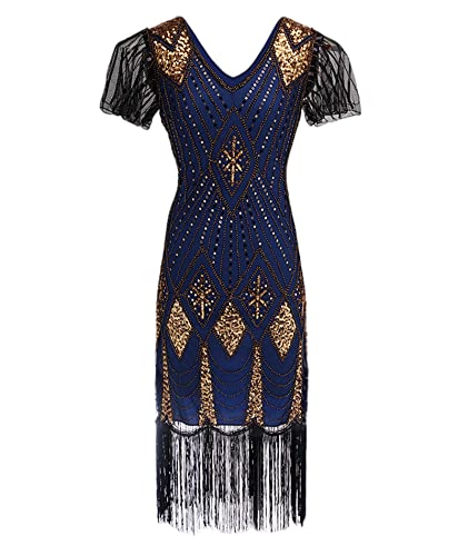 HAHAEMMA Damen 1920s Kleid Elegant Flapper Charleston Kleid Gatsby Pailletten Quasten Saum Cocktail Flapper Abschlussball Kleid（BE,M） von HAHAEMMA