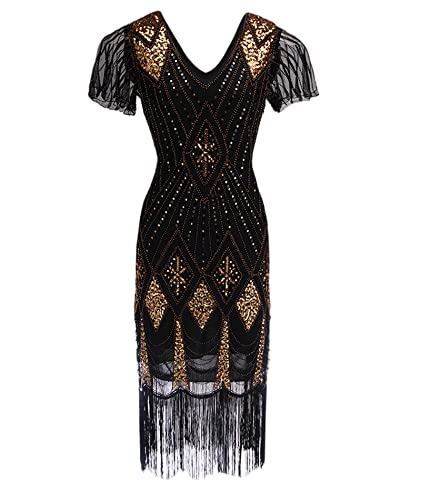 HAHAEMMA Damen 1920s Kleid Elegant Flapper Charleston Kleid Gatsby Pailletten Quasten Saum Cocktail Flapper Abschlussball Kleid（BL,S） von HAHAEMMA