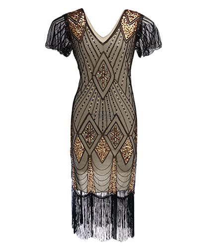 HAHAEMMA Damen 1920s Kleid Elegant Flapper Charleston Kleid Gatsby Pailletten Quasten Saum Cocktail Flapper Abschlussball Kleid（GO,M） von HAHAEMMA