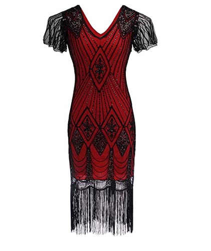 HAHAEMMA Damen 1920s Kleid Elegant Flapper Charleston Kleid Gatsby Pailletten Quasten Saum Cocktail Flapper Abschlussball Kleid（RE-1,2XL） von HAHAEMMA