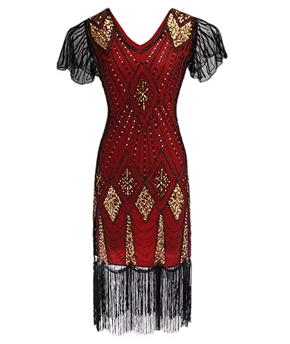 HAHAEMMA Damen 1920s Kleid Elegant Flapper Charleston Kleid Gatsby Pailletten Quasten Saum Cocktail Flapper Abschlussball Kleid（RE-2,2XL） von HAHAEMMA