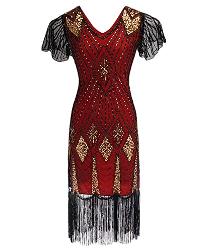 HAHAEMMA Damen 1920s Kleid Elegant Flapper Charleston Kleid Gatsby Pailletten Quasten Saum Cocktail Flapper Abschlussball Kleid（RE-2,3XL） von HAHAEMMA
