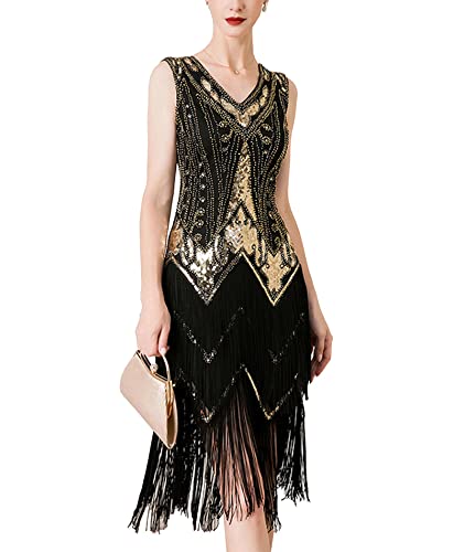 HAHAEMMA Damen 1920s Vintage Kleid Flapper Charleston Kleid Gatsby Pailletten Quasten Saum Cocktail Flapper Abschlussballkleid Abendkleid Cocktail Party Kostüm Kleid(23175 BL,L) von HAHAEMMA