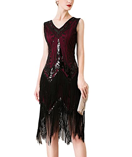 HAHAEMMA Damen 1920s Vintage Kleid Flapper Charleston Kleid Gatsby Pailletten Quasten Saum Cocktail Flapper Abschlussballkleid Abendkleid Cocktail Party Kostüm Kleid(23175 WR,L) von HAHAEMMA