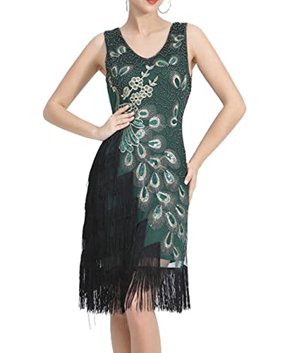 HAHAEMMA Damen 1920s Vintage Kleid Flapper Charleston Kleid Pfau Gatsby Pailletten Quasten Saum Cocktail Flapper Abschlussballkleid Abendkleid Cocktail Party Kostüm Kleid(30977 BG,3XL) von HAHAEMMA