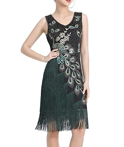 HAHAEMMA Damen 1920s Vintage Kleid Flapper Charleston Kleid Pfau Gatsby Pailletten Quasten Saum Cocktail Flapper Abschlussballkleid Abendkleid Cocktail Party Kostüm Kleid(30977 BL,L) von HAHAEMMA