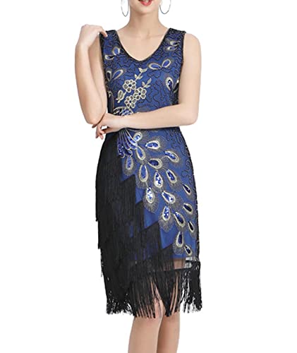 HAHAEMMA Damen 1920s Vintage Kleid Flapper Charleston Kleid Pfau Gatsby Pailletten Quasten Saum Cocktail Flapper Abschlussballkleid Abendkleid Cocktail Party Kostüm Kleid(30977 SB,M) von HAHAEMMA