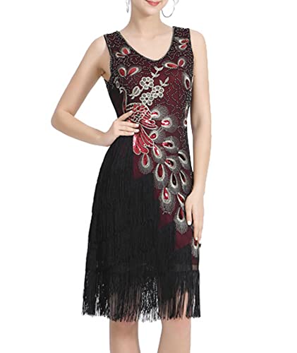 HAHAEMMA Damen 1920s Vintage Kleid Flapper Charleston Kleid Pfau Gatsby Pailletten Quasten Saum Cocktail Flapper Abschlussballkleid Abendkleid Cocktail Party Kostüm Kleid(30977 WR,2XL) von HAHAEMMA