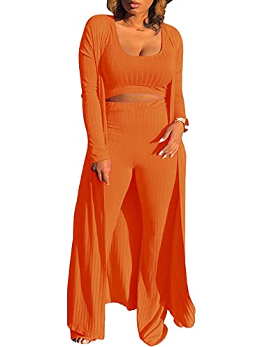 HAHAEMMA Damen Anzug Set Hose und Top sexy 3-teilige Outfits für Frauen Plain Crop Top Weites Bein Lange Hosen Langarm Cardigan Sweater Casual Streatwear（15574OR-L） von HAHAEMMA