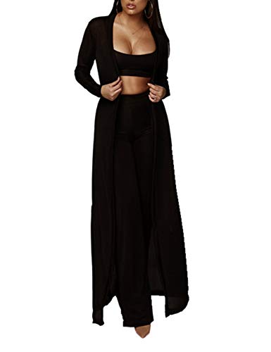 HAHAEMMA Damen Anzug Set Hose und Top sexy 3-teilige Outfits für Frauen Plain Crop Top Weites Bein Lange Hosen Langarm Cardigan Sweater Casual Streatwear（15576BL-M von HAHAEMMA