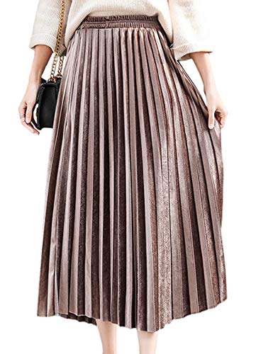 HAHAEMMA Damen Elegant Faltenrock Strand Rock Plissierter Maxi Hohe Taille Plisseerock A-Linie Falten Lang Mental Farbe Rock(ce,S) von HAHAEMMA