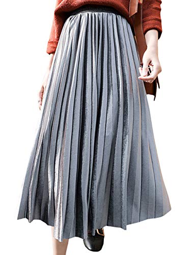 HAHAEMMA Damen Elegant Faltenrock Strand Rock Plissierter Maxi Hohe Taille Plisseerock A-Linie Falten Lang Mental Farbe Rock(gy,L) von HAHAEMMA