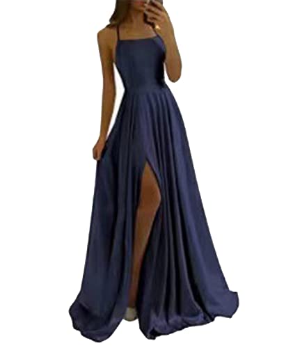 HAHAEMMA Damen Elegant Lange Ballkleider mit Satin A-Linie Backless Hochzeitskleid Abendkleider Neckholder Spaghetti Brautkleid Kleider Prinzessin Brautjungfer Kleid ZQ-XS von HAHAEMMA