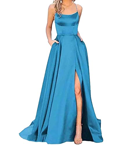 HAHAEMMA Damen Elegant Lange Ballkleider mit Taschen Satin A-Linie Backless Hochzeitskleid Abendkleider Sexy Neckholder Spaghetti Brautkleid Kleider Lang Prinzessin Brautjungfer Kleid (BE-3XL) von HAHAEMMA