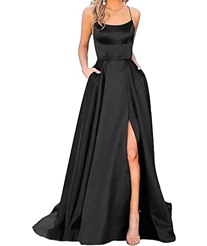 HAHAEMMA Damen Elegant Lange Ballkleider mit Taschen Satin A-Linie Backless Hochzeitskleid Abendkleider Sexy Neckholder Spaghetti Brautkleid Kleider Lang Prinzessin Brautjungfer Kleid (BL-2XL) von HAHAEMMA