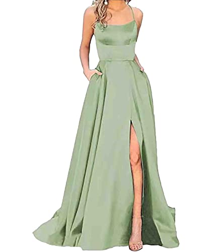 HAHAEMMA Damen Elegant Lange Ballkleider mit Taschen Satin A-Linie Backless Hochzeitskleid Abendkleider Sexy Neckholder Spaghetti Brautkleid Kleider Lang Prinzessin Brautjungfer Kleid (LG-2XL) von HAHAEMMA