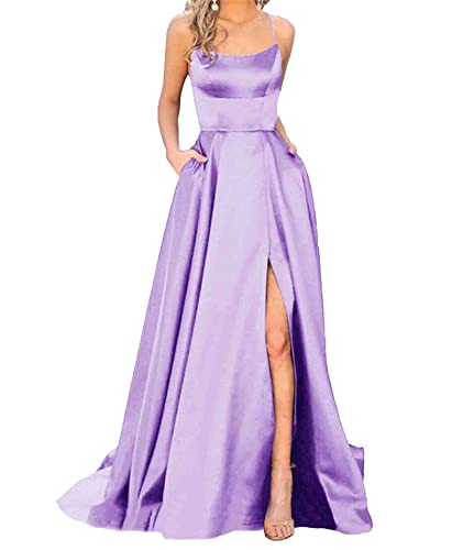 HAHAEMMA Damen Elegant Lange Ballkleider mit Taschen Satin A-Linie Backless Hochzeitskleid Abendkleider Sexy Neckholder Spaghetti Brautkleid Kleider Lang Prinzessin Brautjungfer Kleid (LP-2XL) von HAHAEMMA