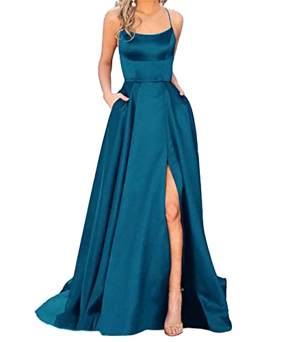 HAHAEMMA Damen Elegant Lange Ballkleider mit Taschen Satin A-Linie Backless Hochzeitskleid Abendkleider Sexy Neckholder Spaghetti Brautkleid Kleider Lang Prinzessin Brautjungfer Kleid (PB-2XL) von HAHAEMMA