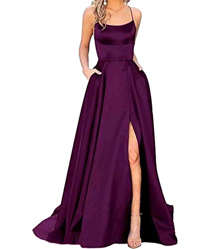 HAHAEMMA Damen Elegant Lange Ballkleider mit Taschen Satin A-Linie Backless Hochzeitskleid Abendkleider Sexy Neckholder Spaghetti Brautkleid Kleider Lang Prinzessin Brautjungfer Kleid (PE-2XL) von HAHAEMMA