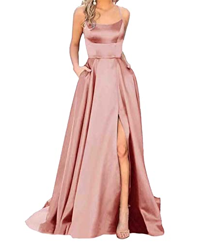 HAHAEMMA Damen Elegant Lange Ballkleider mit Taschen Satin A-Linie Backless Hochzeitskleid Abendkleider Sexy Neckholder Spaghetti Brautkleid Kleider Lang Prinzessin Brautjungfer Kleid (PI-L) von HAHAEMMA