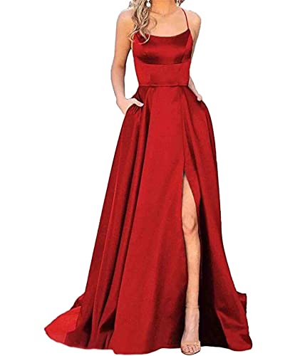 HAHAEMMA Damen Elegant Lange Ballkleider mit Taschen Satin A-Linie Backless Hochzeitskleid Abendkleider Sexy Neckholder Spaghetti Brautkleid Kleider Lang Prinzessin Brautjungfer Kleid (RE-2XL) von HAHAEMMA