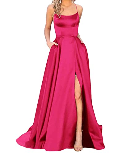 HAHAEMMA Damen Elegant Lange Ballkleider mit Taschen Satin A-Linie Backless Hochzeitskleid Abendkleider Sexy Neckholder Spaghetti Brautkleid Kleider Lang Prinzessin Brautjungfer Kleid (RO-3XL) von HAHAEMMA