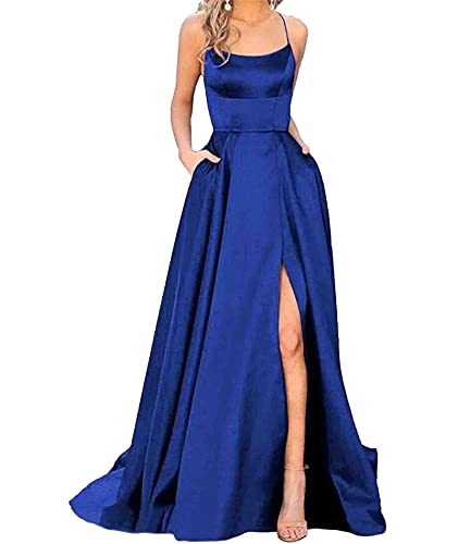 HAHAEMMA Damen Elegant Lange Ballkleider mit Taschen Satin A-Linie Backless Hochzeitskleid Abendkleider Sexy Neckholder Spaghetti Brautkleid Kleider Lang Prinzessin Brautjungfer Kleid (SB-2XL) von HAHAEMMA