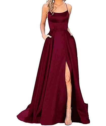 HAHAEMMA Damen Elegant Lange Ballkleider mit Taschen Satin A-Linie Backless Hochzeitskleid Abendkleider Sexy Neckholder Spaghetti Brautkleid Kleider Lang Prinzessin Brautjungfer Kleid (WR-2XL) von HAHAEMMA