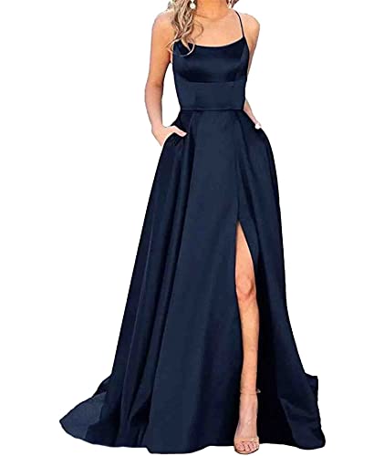 HAHAEMMA Damen Elegant Lange Ballkleider mit Taschen Satin A-Linie Backless Hochzeitskleid Abendkleider Sexy Neckholder Spaghetti Brautkleid Kleider Lang Prinzessin Brautjungfer Kleid (ZQ-2XL) von HAHAEMMA