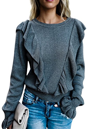 HAHAEMMA Damen Fashion Pullover Elegant Strickjacke Volant Flouncing Trompete Ärmel Rundhals Fein Falbala Langarm Sweater(GY,M) von HAHAEMMA