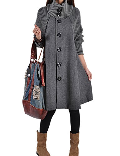 HAHAEMMA Damen Fashion Wintermantel Lang Strickmantel Fleece Knopf Swing Weit Poncho Cape Stil Stehkragen Mantel Winterjacke Loose Fit Kleid(GY,2XL) von HAHAEMMA