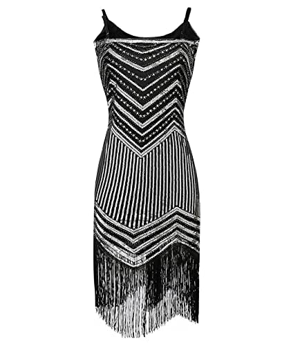HAHAEMMA Damen Flapper Kleid der 1920er Jahre Vintage Pailletten Perlen Spaghettiträger Fransen Party Hochzeit Nachtkleid Kleid (SI,3XL) von HAHAEMMA