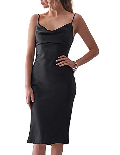 HAHAEMMA Damen Freizeitkleidung ärmellose Spaghettiträger Satin Kleid Cocktail Strand Abendparty Cowl Neck Dot Leopard Midi Kleider(BL,L) von HAHAEMMA