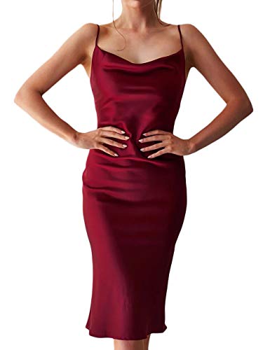 HAHAEMMA Damen Freizeitkleidung ärmellose Spaghettiträger Satin Kleid Cocktail Strand Abendparty Cowl Neck Dot Leopard Midi Kleider(WR,L) von HAHAEMMA