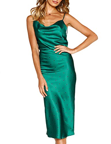 HAHAEMMA Damen Freizeitkleidung ärmellose Spaghettiträger Satin Kleid Cocktail Strand Abendparty Cowl Neck Dot Leopard Midi Kleider von HAHAEMMA