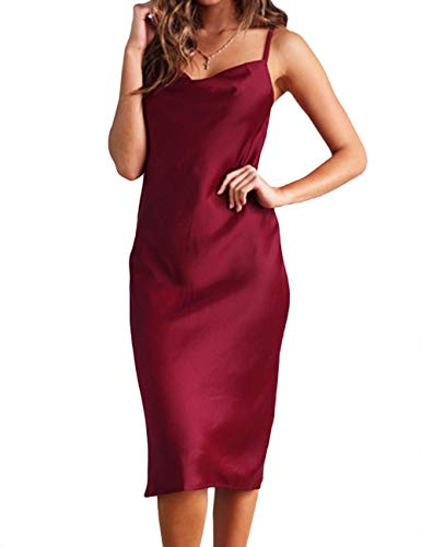 HAHAEMMA Damen Freizeitkleidung ärmellose Spaghettiträger Satin Kleid Cocktail Strand Abendparty Cowl Neck Dot Leopard Midi Kleider von HAHAEMMA