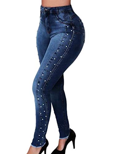 HAHAEMMA Damen Jeanshose High Waist Stretch hoher Bund gerades Bein Curvy Bling Röhrenjeans mit Perle Plus Size von HAHAEMMA