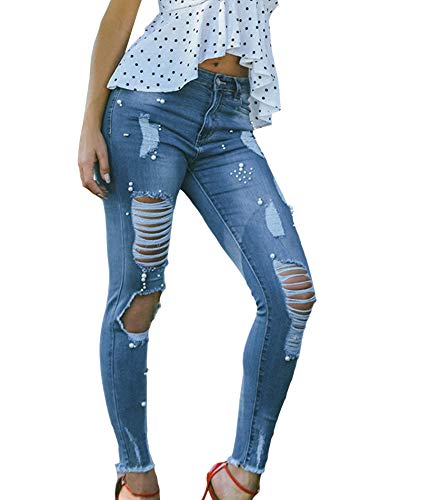 HAHAEMMA Damen Jeanshose mit Löchern Lässig Boyfriend Jeans Slim Straight Leg Elastisch Stretch High Waist Elegant Lang Hose Mit Perlen von HAHAEMMA