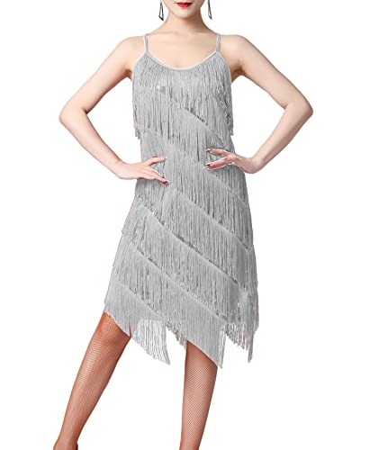HAHAEMMA Damen Kleid Neckholder Quaste 1920er Fransenkleid Mit Halter Great Gatsby Cocotail Party Flapper Kleider Fasching Fransen Damen Kostüm(GY,M) von HAHAEMMA