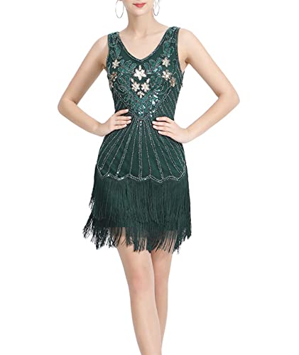 HAHAEMMA Damen Kleid Neckholder Quaste 1920er Fransenkleid Mit Halter Great Gatsby Cocotail Party Flapper Kleider Fasching Fransen Damen Kostüm Kleid(BG,L) von HAHAEMMA