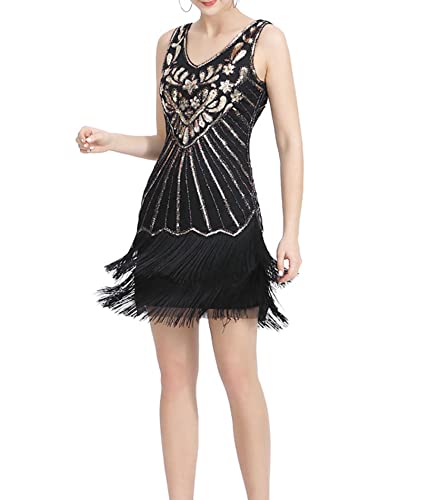 HAHAEMMA Damen Kleid Neckholder Quaste 1920er Fransenkleid Mit Halter Great Gatsby Cocotail Party Flapper Kleider Fasching Fransen Damen Kostüm Kleid(BL,M) von HAHAEMMA