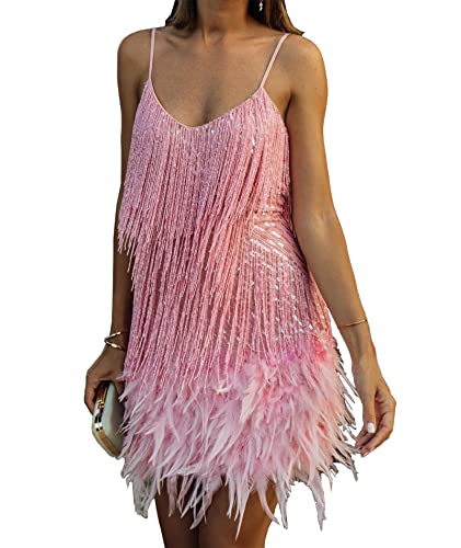 HAHAEMMA Damen Kleid Neckholder Quaste 1920er Fransenkleid Mit Halter Great Gatsby Cocotail Party Flapper Kleider Fasching Fransen Damen Kostüm Kleid（PI,L） von HAHAEMMA