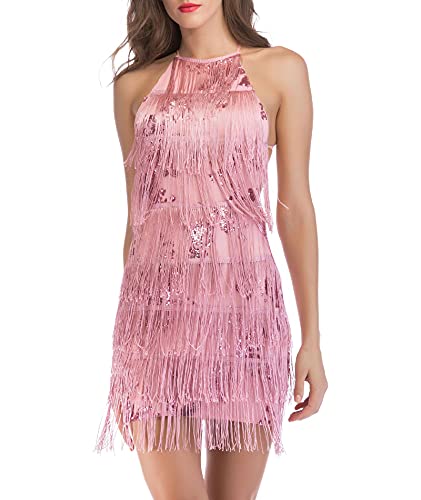 HAHAEMMA Damen Kleid Neckholder Quaste 1920er Fransenkleid Mit Halter Great Gatsby Cocotail Party Flapper Kleider Fasching Fransen Damen Kostüm Kleid(PI,S) von HAHAEMMA