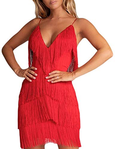 HAHAEMMA Damen Kleid Neckholder Quaste 1920er Fransenkleid Mit Halter Great Gatsby Cocotail Party Flapper Kleider Fasching Fransen Damen Kostüm Kleid(RE,L) von HAHAEMMA