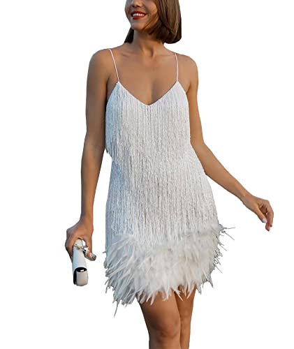 HAHAEMMA Damen Kleid Neckholder Quaste 1920er Fransenkleid Mit Halter Great Gatsby Cocotail Party Flapper Kleider Fasching Fransen Damen Kostüm Kleid（WH,L） von HAHAEMMA