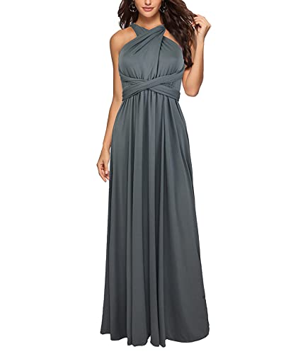 HAHAEMMA Damen Kleider Elegant Hochzeit Lang Abendkleid Multiway V-Ausschnitt Rückenfrei Brautjungfernkleid Bodenlang Abschlussball Ballkleid Neckholder Sommer Strandkleid（GY,S） von HAHAEMMA