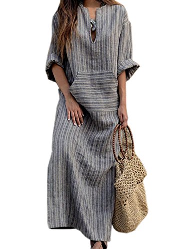 HAHAEMMA Damen Kleider Maxikleid Lose Kleid Langarm Retro Leinen Baumwolle Lange Kleider Elegante Bluse Breite Beiläufige Sommerkleider Damen Plus Größe(GY,2XL) von HAHAEMMA