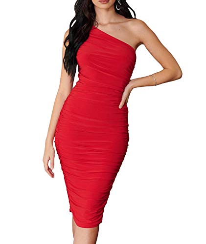 HAHAEMMA Damen Kleider One Shoulder Gerafft Cocktail Midi Kleid Elegant Party Kleid Bodycon Sommer Kleid Party Club Strand von HAHAEMMA